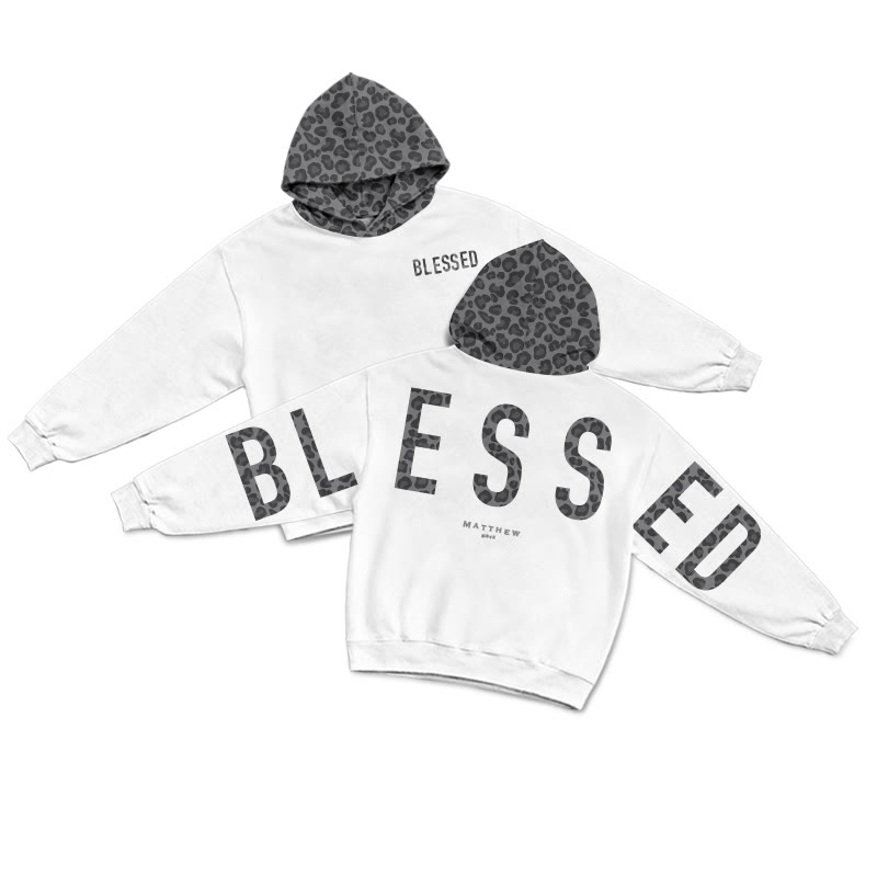 Blessed Matthew 5:3-12 Leopard Design Patchwork Print Causal Hoodie - White-Grey - US44-46(8XL) - image 7