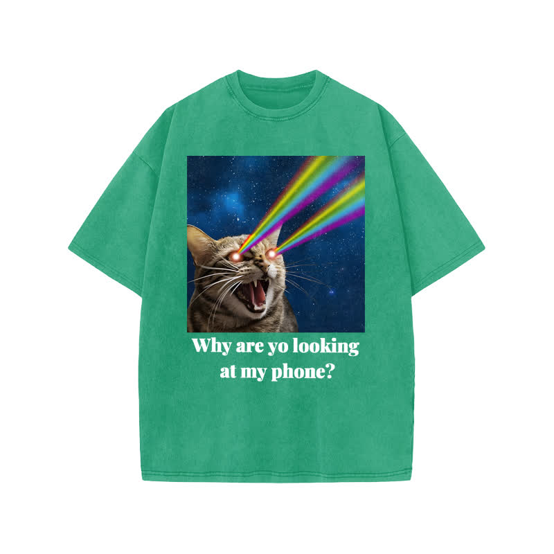 Unisex 100% Cotton Why Are Yo Looking At My Phone Print Acid Washed T-shirt - Green - US20-22(3XL) - image 6