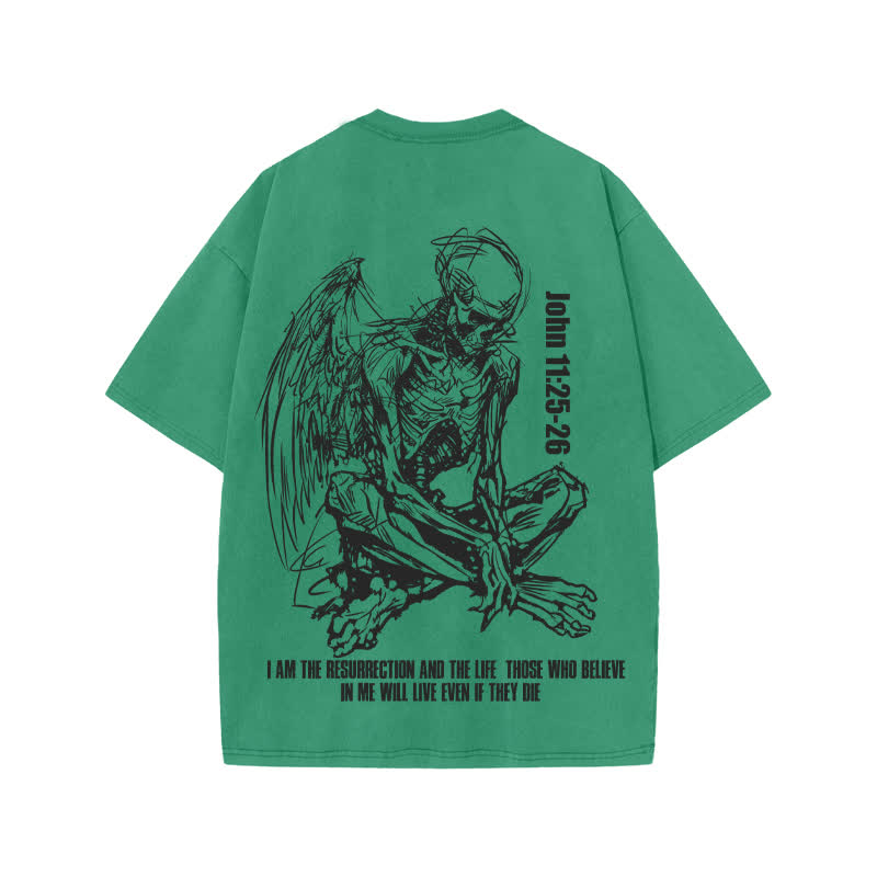 Unisex John 11:25-26 Print Acid Washed T-shirt - Green - US20-22(3XL) - image 6