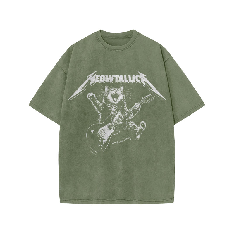Unisex 100% Cotton Bassist Cat Print Acid Washed T-shirt - Army Green - US20-22(3XL) - image 5