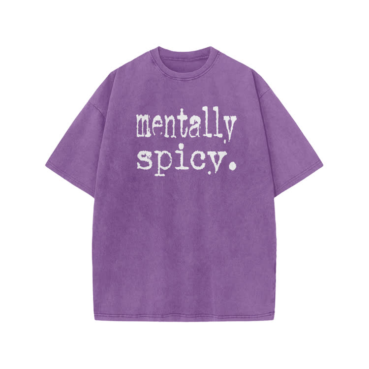 Mentally Spicy Print Acid Washed T-shirt - Purple - US20-22(3XL) - image 9