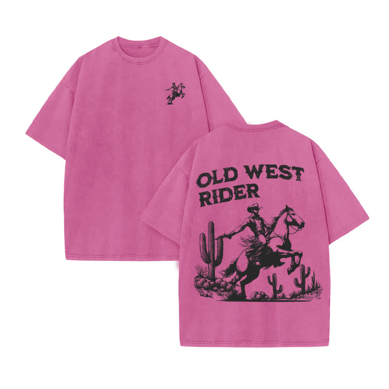 Unisex Old West Rider Print Acid Washed T-shirt - Pink - US20-22(3XL) - image 8