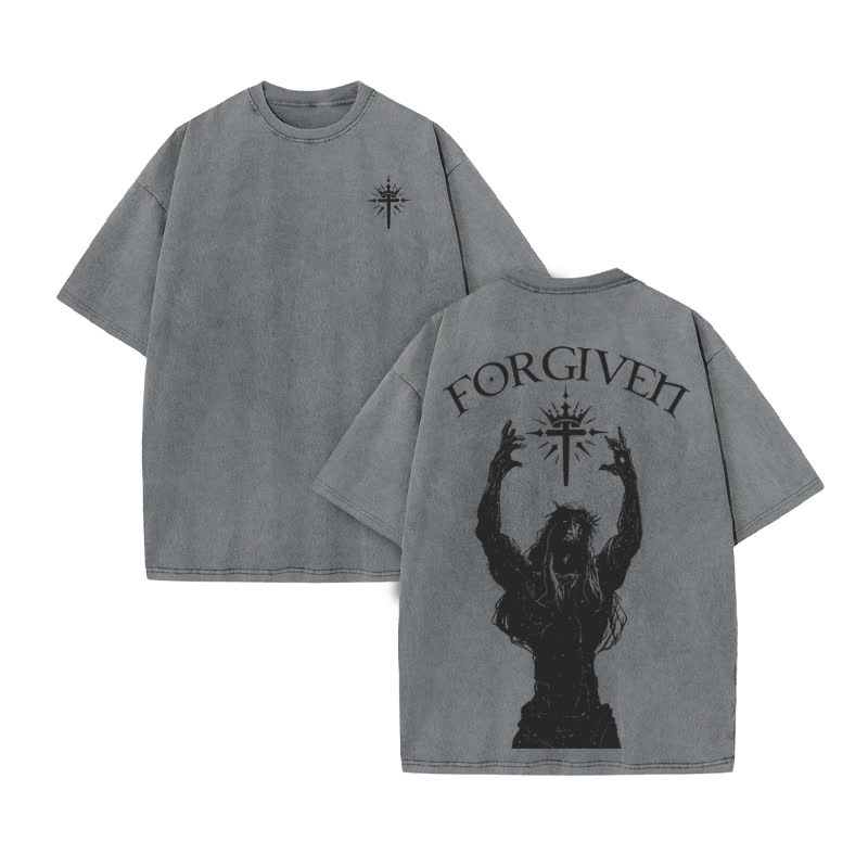 Unisex Forgiven Print Acid Washed T-shirt - Grey - US20-22(3XL) - image 5