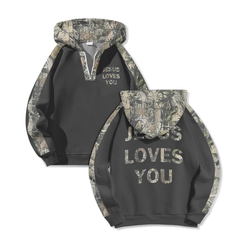 Jesus Loves You Dead Leaves Camouflage Print Half Zip Hoodie - Dark Grey - US32-34(5XL) - image 5