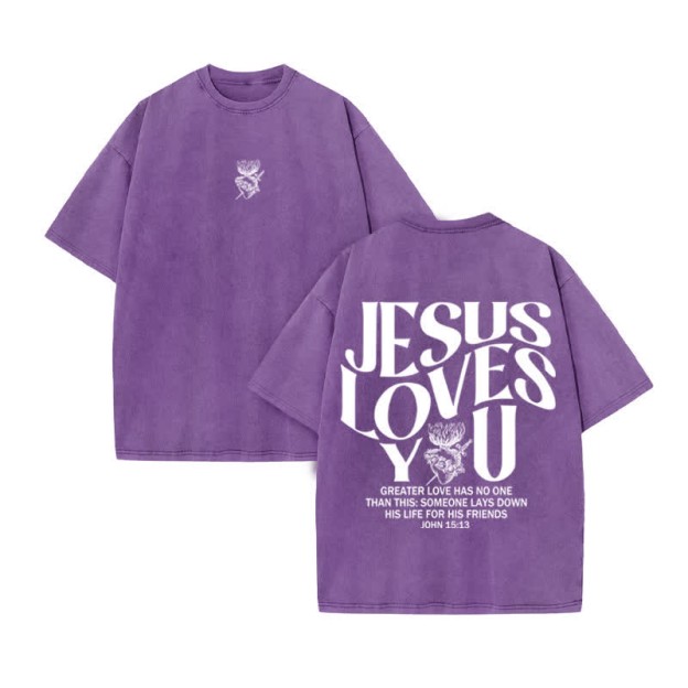 Unisex 100% Cotton JESUS LOVES YOU Print Acid Washed T-shirt - Purple - US20-22(3XL) - image 9
