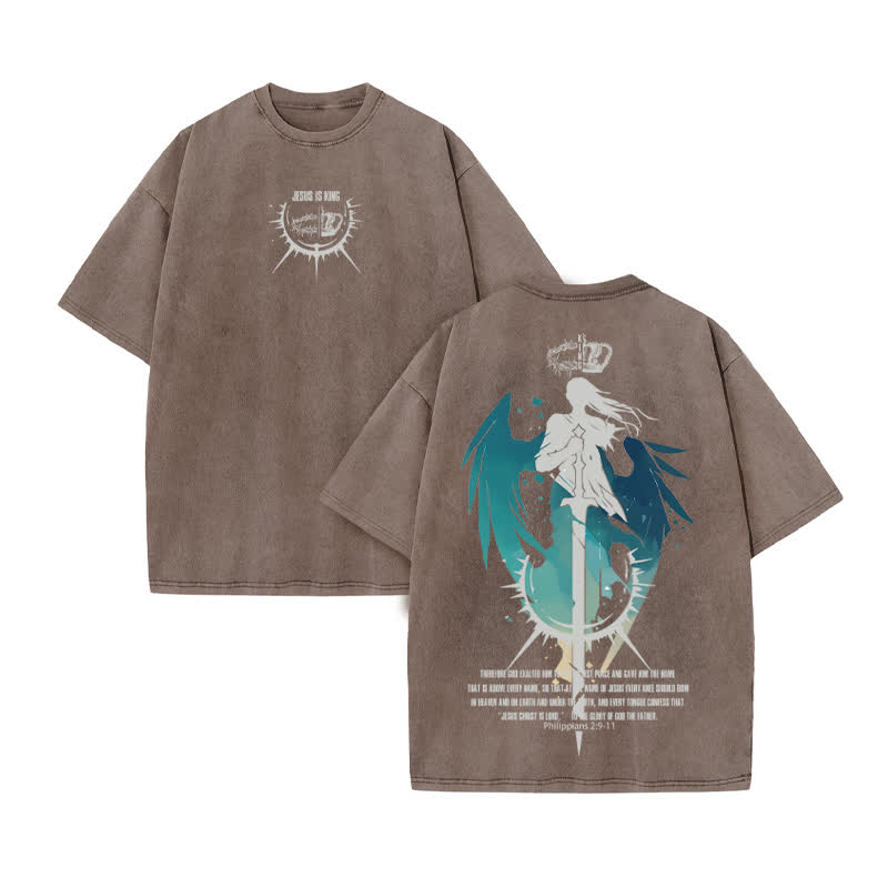 Unisex 100% Cotton KING OF KINGS Print Acid Washed T-shirt - Coffee - US20-22(3XL) - image 4