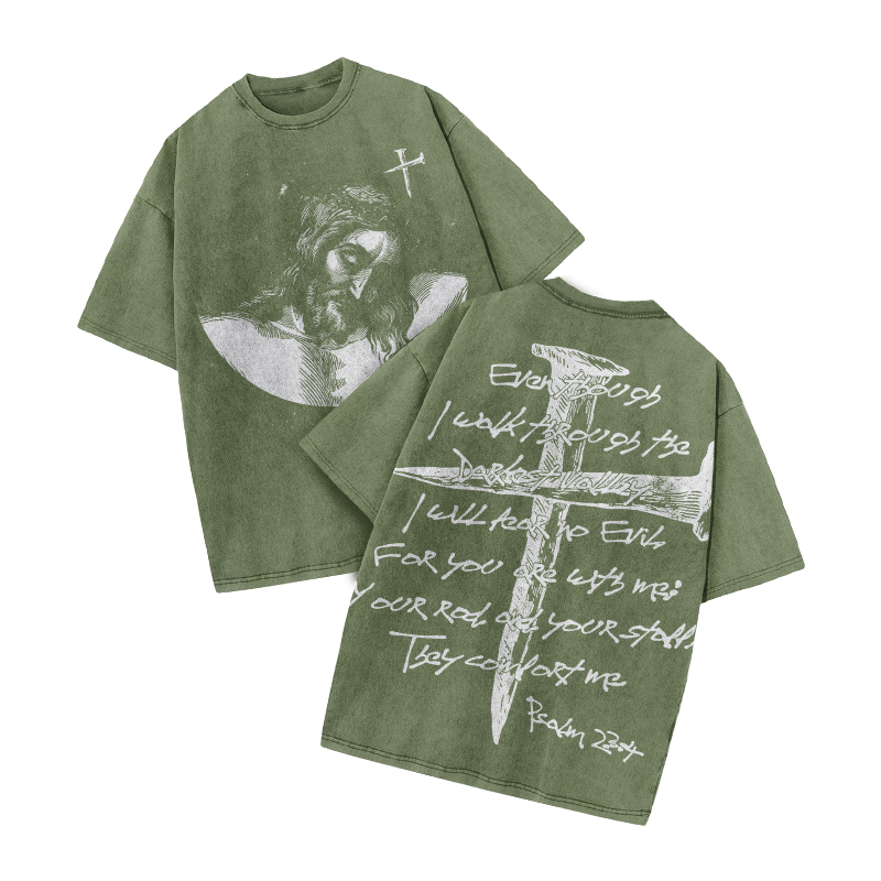 Psalm 23:4 Print Acid Washed T-shirt - Army Green - US20-22(3XL) - image 5