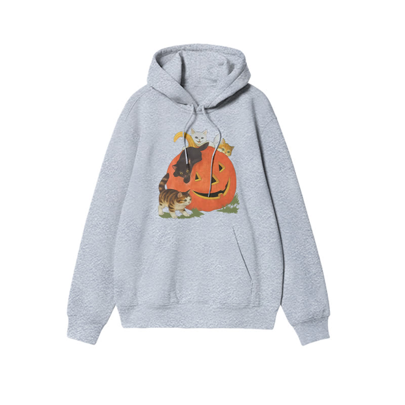 Unisex Cats Playing On Pumpkins Halloween Print Hoodie - Grey - US16-18(2XL) - image 4