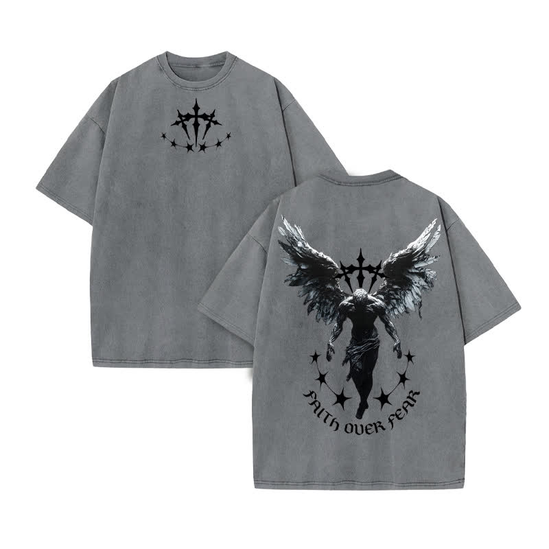 Unisex 100% Cotton FAITH OVER FEAR Print Acid Washed T-shirt - Grey - US20-22(3XL) - image 5