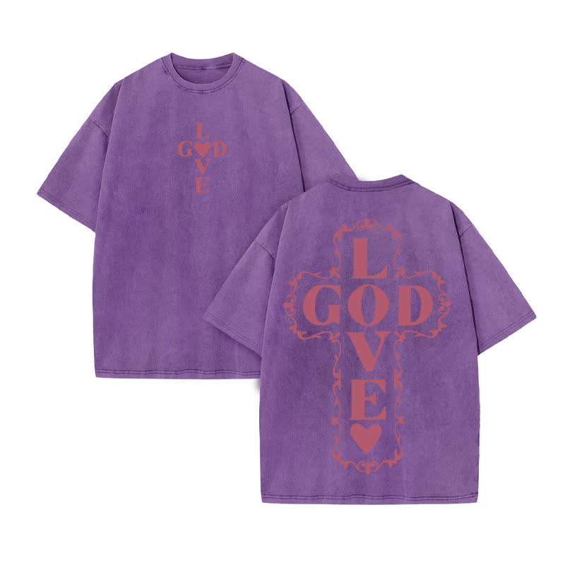 Unisex 100% Cotton GOD LOVE YOU Print Acid Washed T-shirt - Purple - US20-22(3XL) - image 9