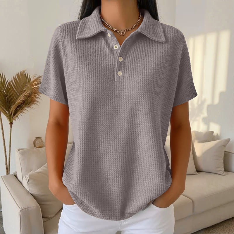 Cozy Waffle Texture Lapel Button Short-sleeve Polo T-shirt - Grey - US32-34(5XL) - image 5