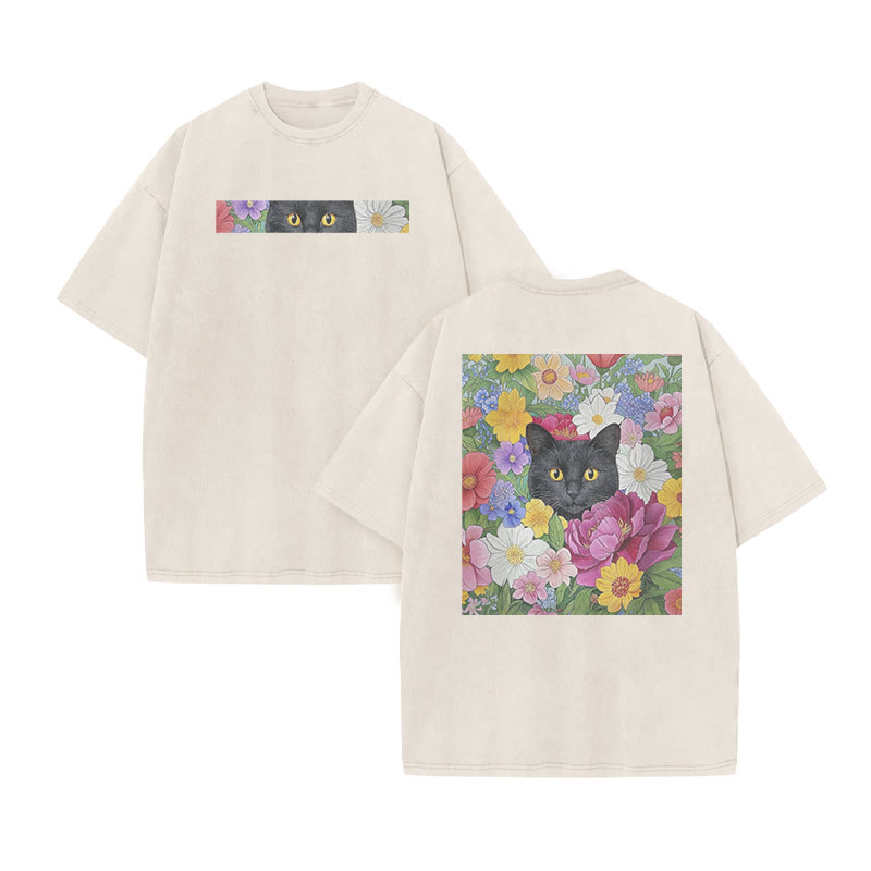 A Black Cat In A Field Of Colorful Flowers Print Acid Washed T-shirt - Beige - US20-22(3XL) - image 4
