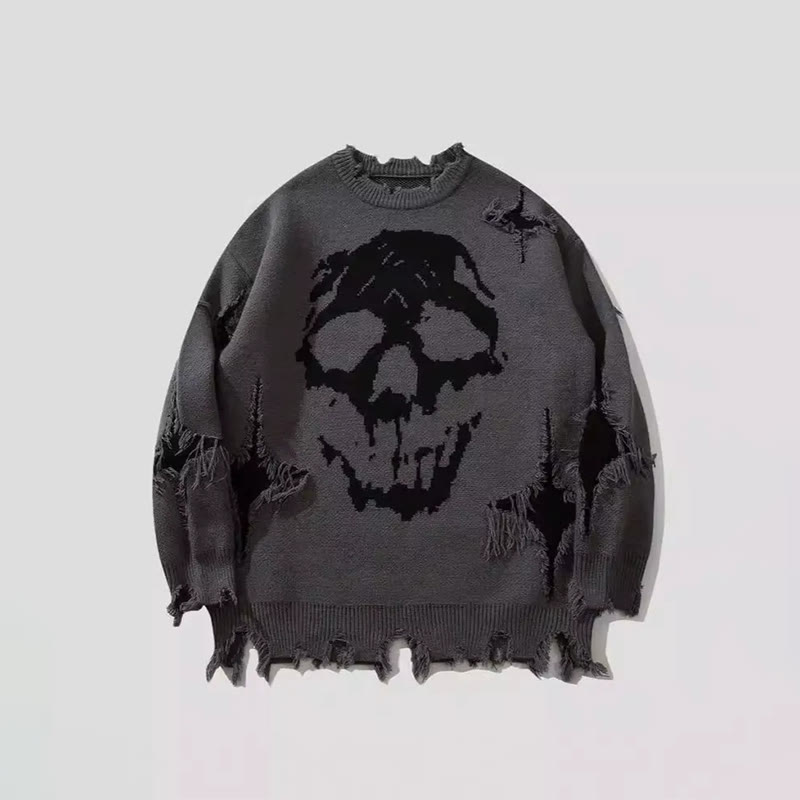 Fashionable Skull Halloween Ripped Sweater - Grey - US20-22(3XL) - image 6