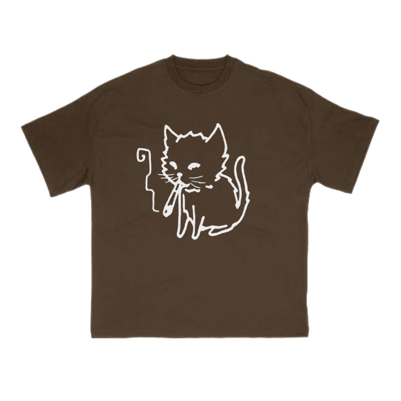 Unisex Smoking Cat Print T-shirt - Coffee - US16-18(2XL) - image 6
