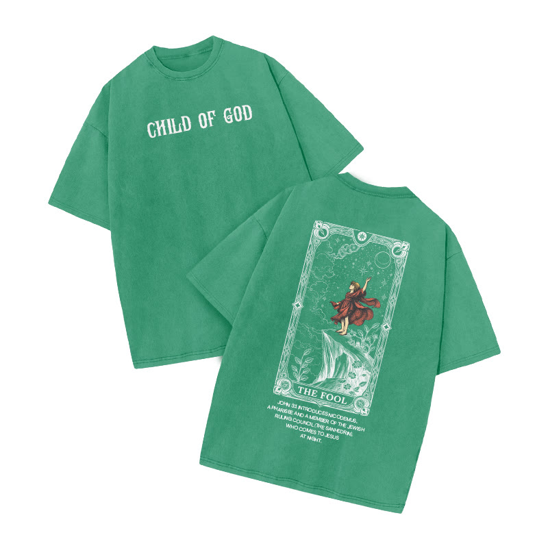 Child Of God Tarot 0 The Fool Print Acid Washed T-shirt - Green - US20-22(3XL) - image 8