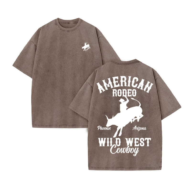 Unisex 100% Cotton RODEO Western Style Print Acid Washed T-shirt
