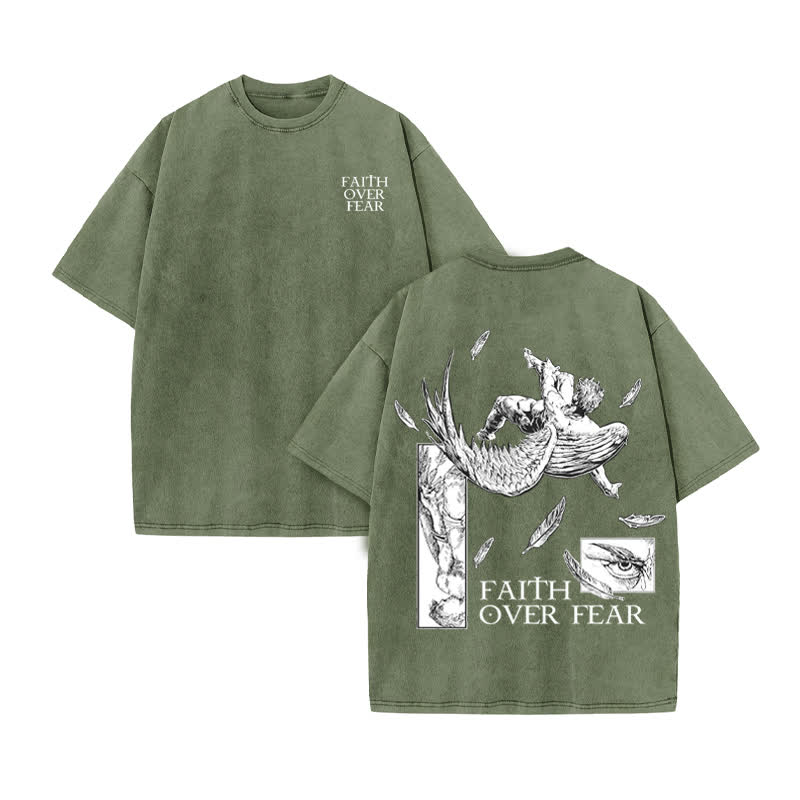 Unisex  Faith Over Fear Print Acid Washed T-shirt - Army Green - US20-22(3XL) - image 6