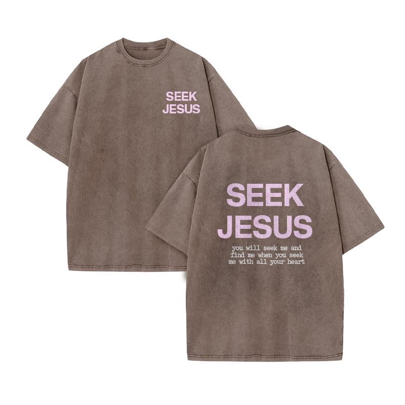 You Will Seek Me And Find Me When You Seek Me With All Your Heart Print Acid Washed T-shirt - Coffee - US20-22(3XL) - image 5