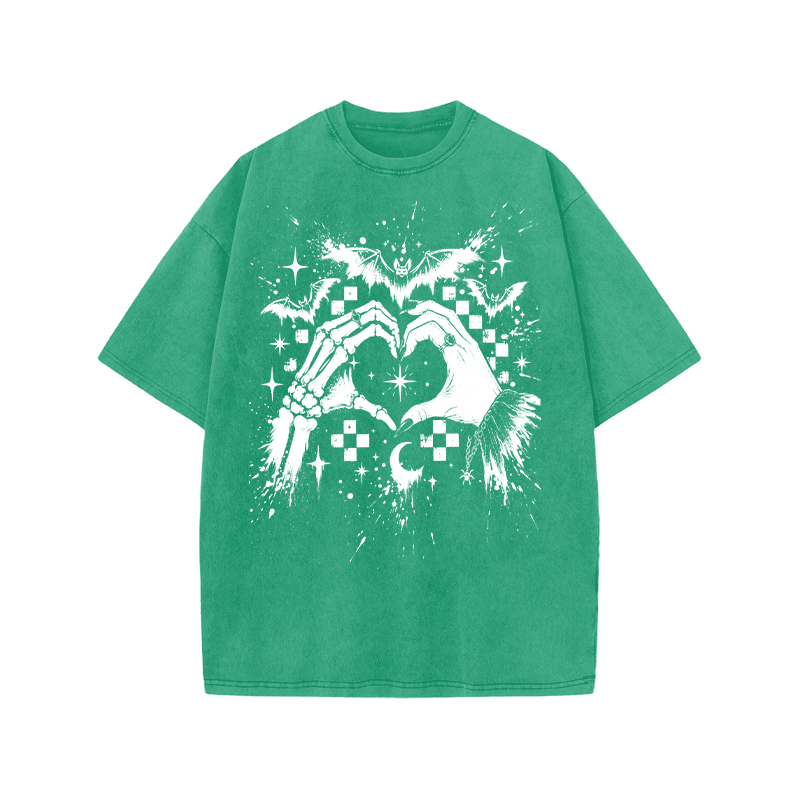 Gothic Heart Hands Round Neck Graphic Print Acid Washed T-Shirt - Green - US20-22(3XL) - image 9