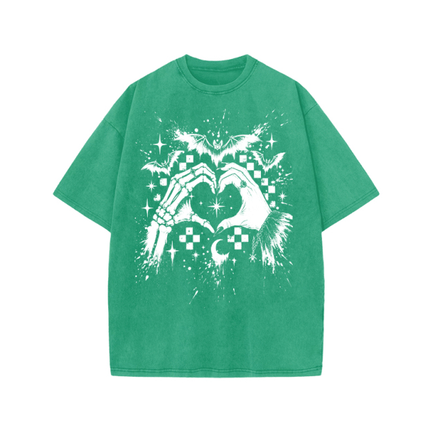 Gothic Heart Hands Round Neck Graphic Print Acid Washed T-Shirt - Green - US20-22(3XL) - image 9
