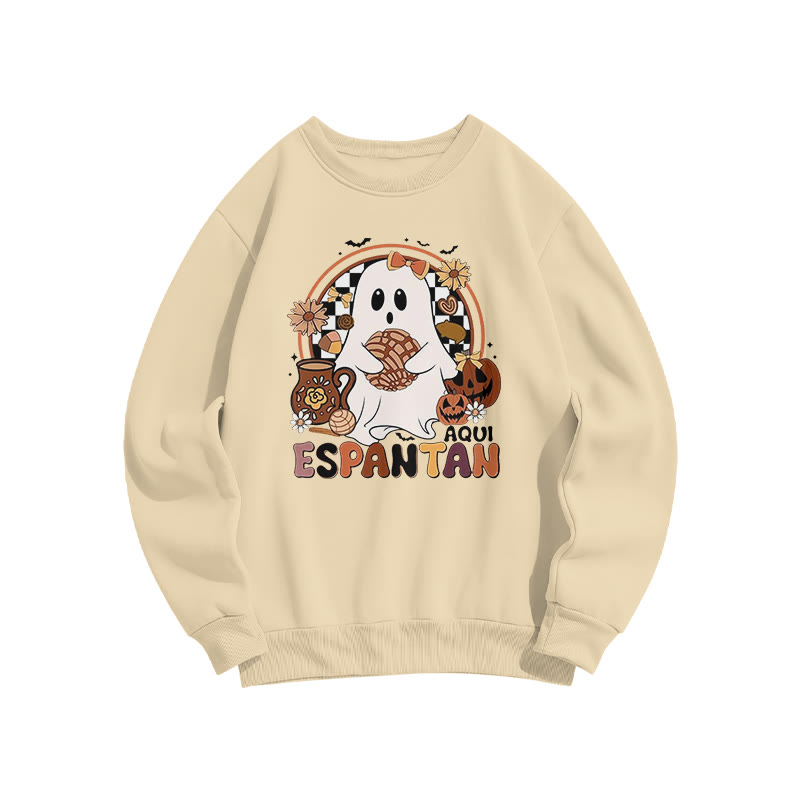 Unisex Aquí Espantan Halloween Print Sweatshirt - Apricot - US16-18(2XL) - image 3