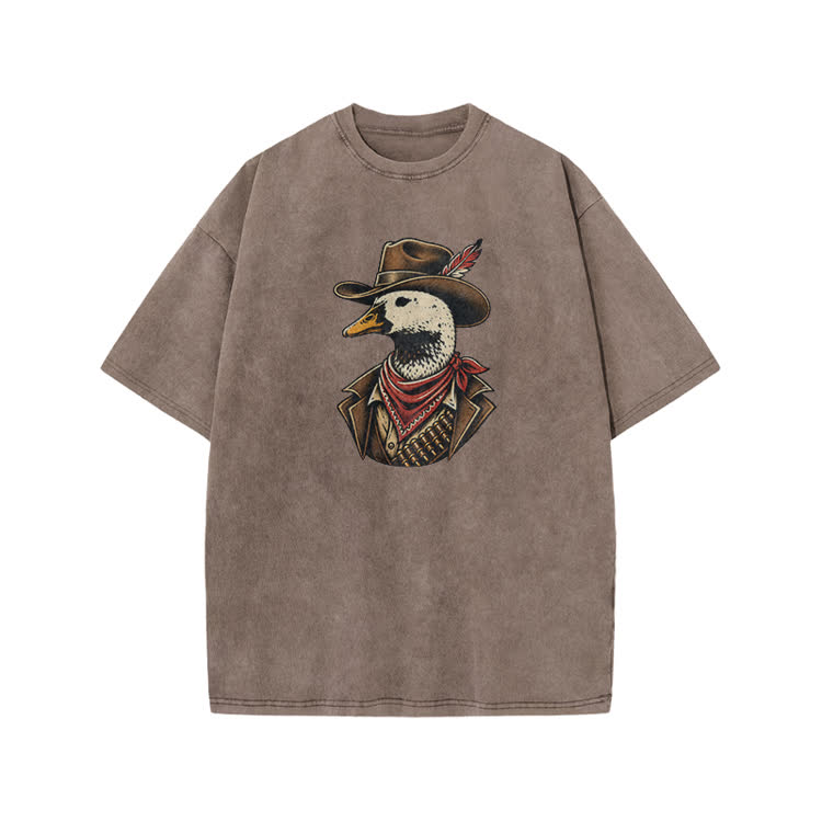 Vintage Western Duck Graphic Print Acid Washed T-shirt - Coffee - US20-22(3XL) - image 6