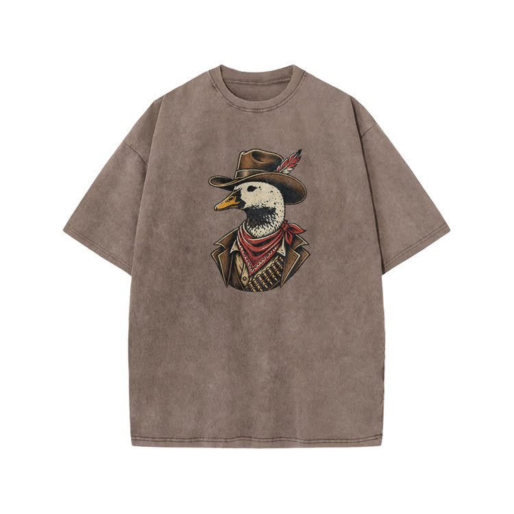 Vintage Western Duck Graphic Print Acid Washed T-shirt - Coffee - US20-22(3XL) - image 6