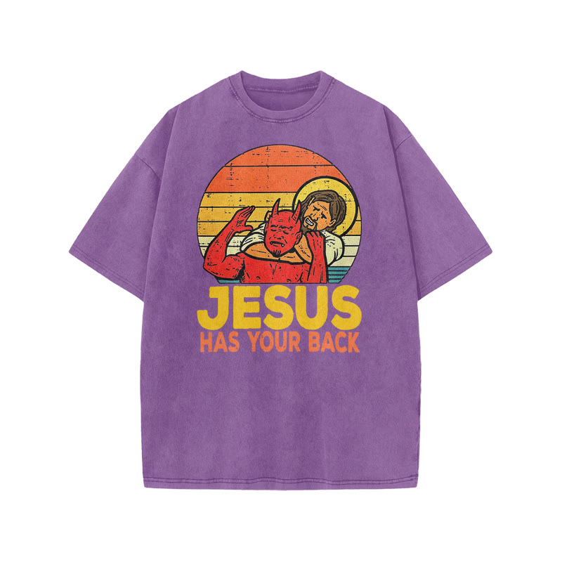 Jesus Chokeholding The Devil From Behind Print Acid Washed T-shirt - Purple - US20-22(3XL) - image 8