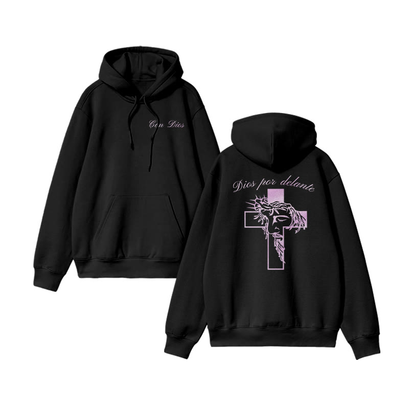 Dios Por Delante Glitter Effect Print Causal Hoodie - Black Pink - US16-18(2XL) - image 6