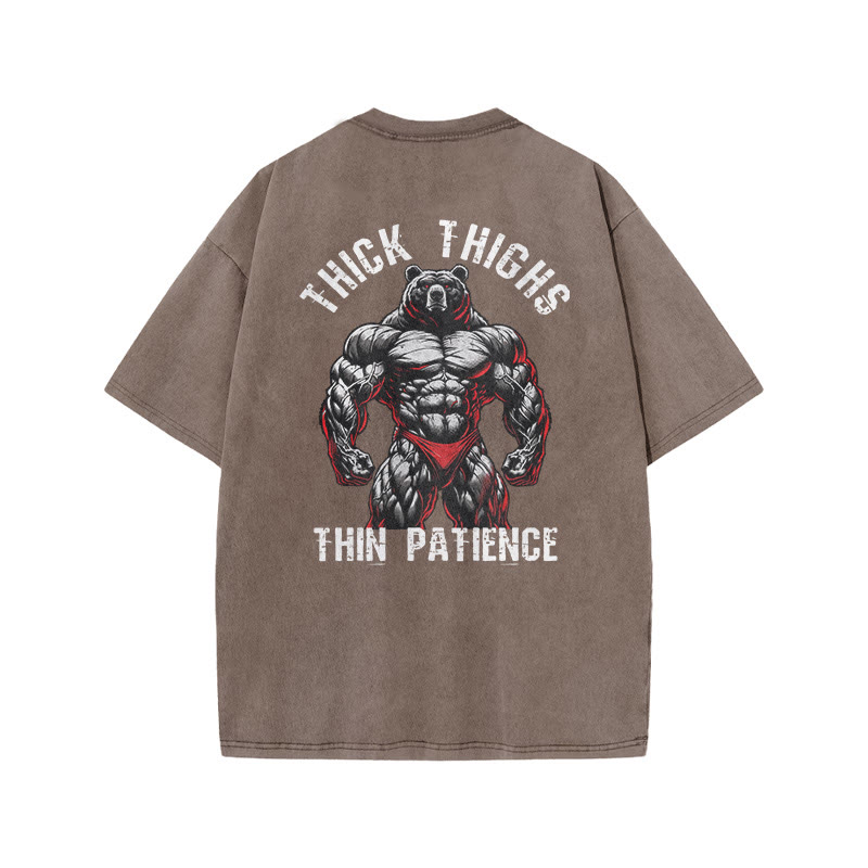 100% Cotton Thick Thighs Thin Patience Gym Print Acid Washed T-shirt - Coffee - US20-22(3XL) - image 7
