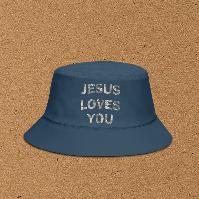 Dead Leaves Camouflage Jesus Loves You Print Bucket Hat - Blue - XL(62cm) - image 4