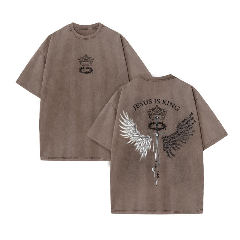Unisex 100% Cotton Jesus Is King Scripture Wings Print Acid Washed T-shirt - Coffee - US20-22(3XL) - image 4