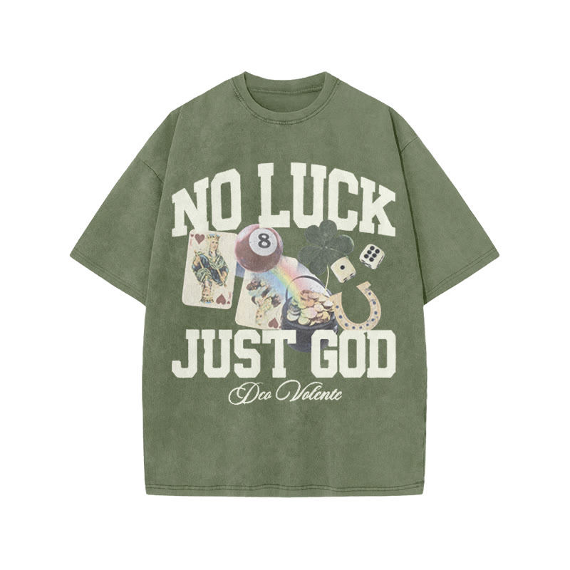 No Luck Just God Print Acid Washed T-shirt - Army Green - US20-22(3XL) - image 5