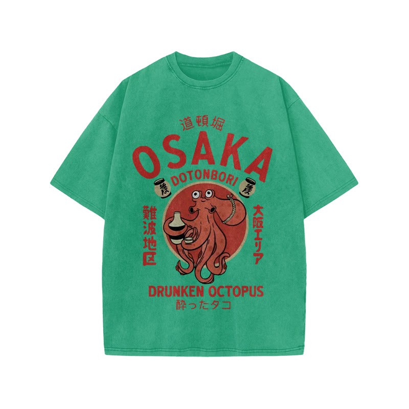 Unisex 100% Cotton OSAKA Dotonbori Octopus Vintage Print Acid Washed T-shirt