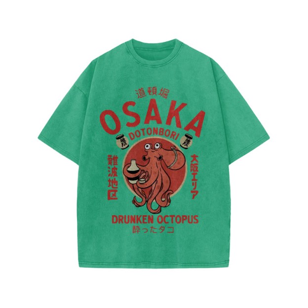 Unisex 100% Cotton OSAKA Dotonbori Octopus Vintage Print Acid Washed T-shirt