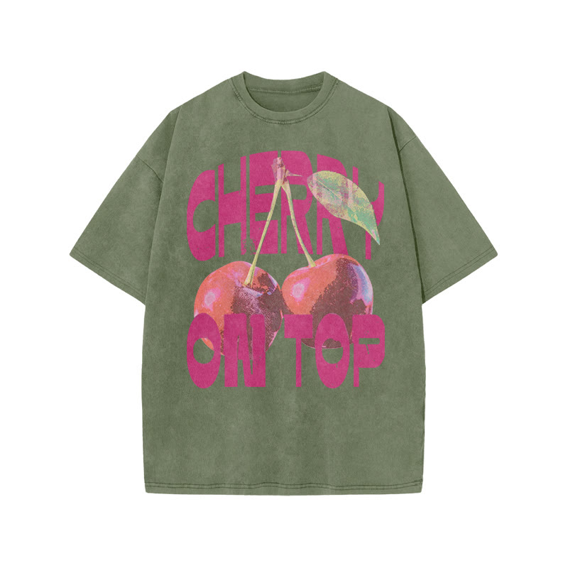 Cherry On Top Print Acid Washed T-shirt - Army Green - US20-22(3XL) - image 5