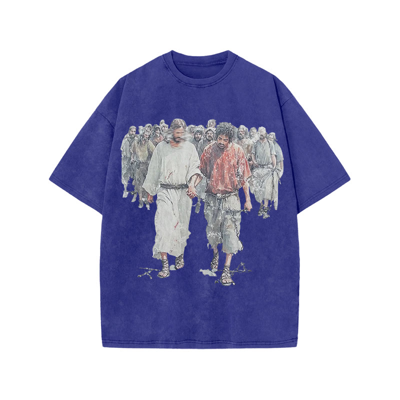 Unisex 100% Cotton Bear The Yoke Together, Suffer Together Print Acid Washed T-shirt - Blue - US20-22(3XL) - image 6