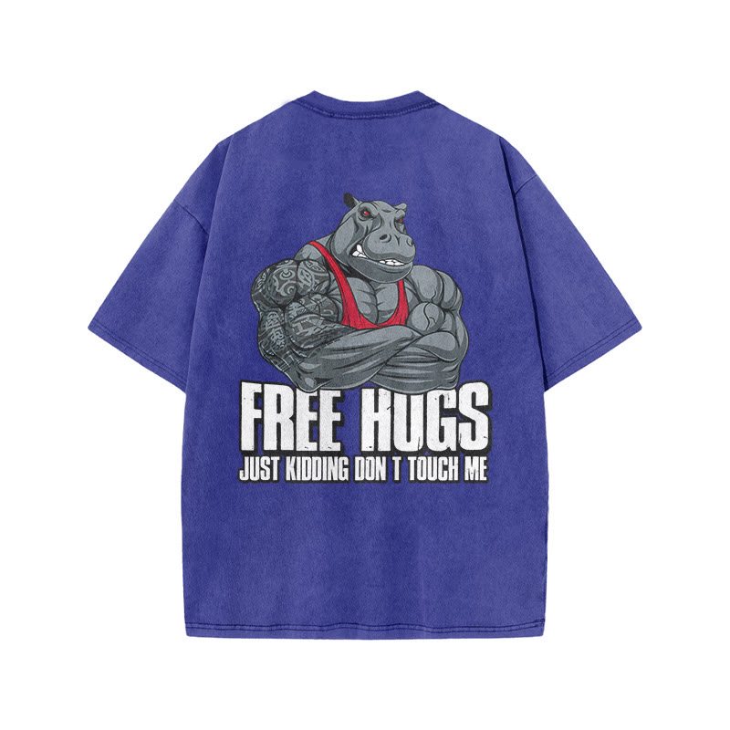 100% Cotton FREE HUGS Gym Print Acid Washed T-shirt - Blue - US20-22(3XL) - image 8