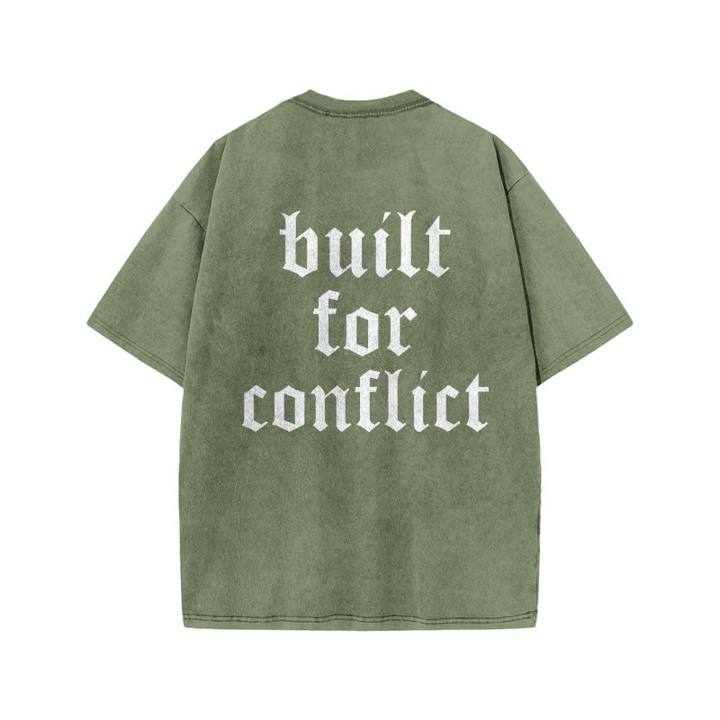 100% Cotton Built For Conflict Gym Print Acid Washed T-shirt - Army Green - US20-22(3XL) - image 6