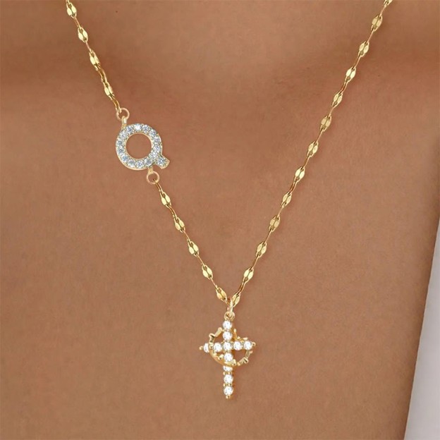 Rhinestone Letter Cross Pendant Necklace - Q - one size - image 21
