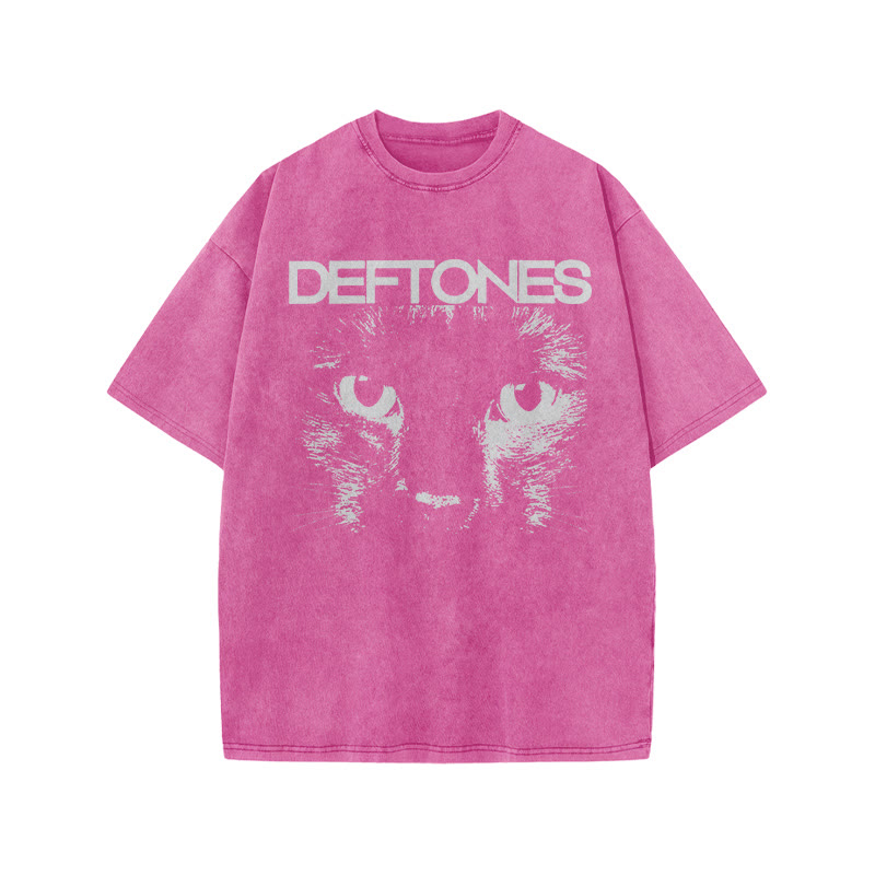 Unisex 100% Cotton Deftones Cat Print Acid Washed T-shirt - Pink - US20-22(3XL) - image 4