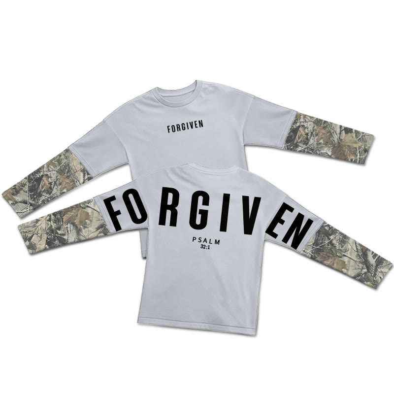 Forgiven Psalm 32:1 Dead Leaves Camouflage Patchwork Print Layered-style T-shirt - Light Gray - 5XL - image 5