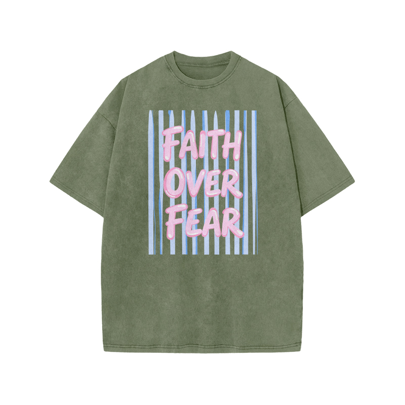 Faith Over Fear Stripe Print Acid Washed T-shirt - Army Green - US20-22(3XL) - image 6
