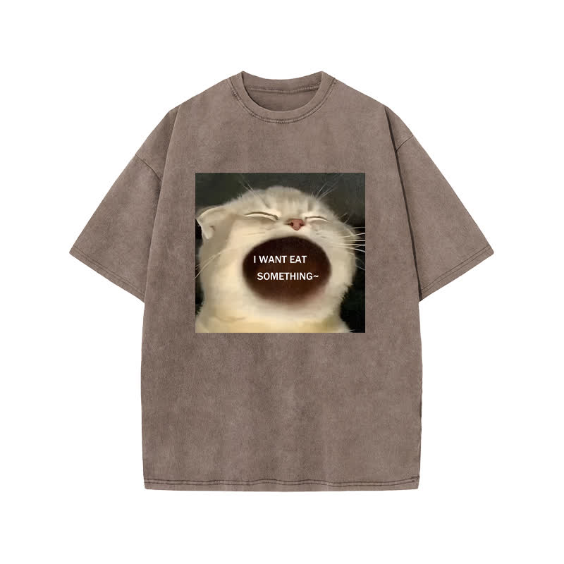 Unisex 100% Cotton Greedy Cat Print Acid Washed T-shirt - Coffee - US20-22(3XL) - image 3