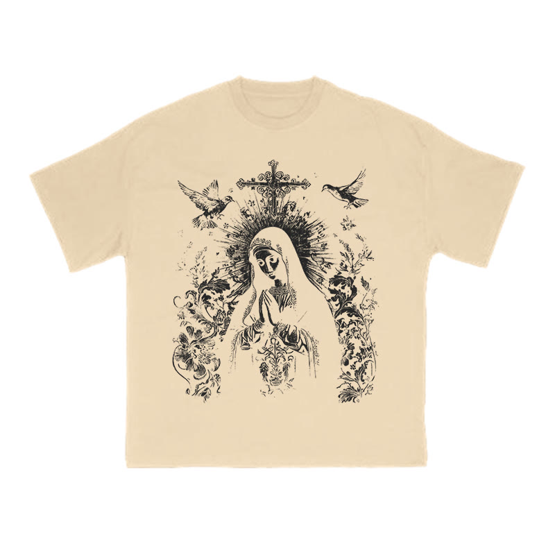 Unisex 100% Cotton Praying Virgin Mary Print T-shirt - Apricot - US16-18(2XL) - image 5