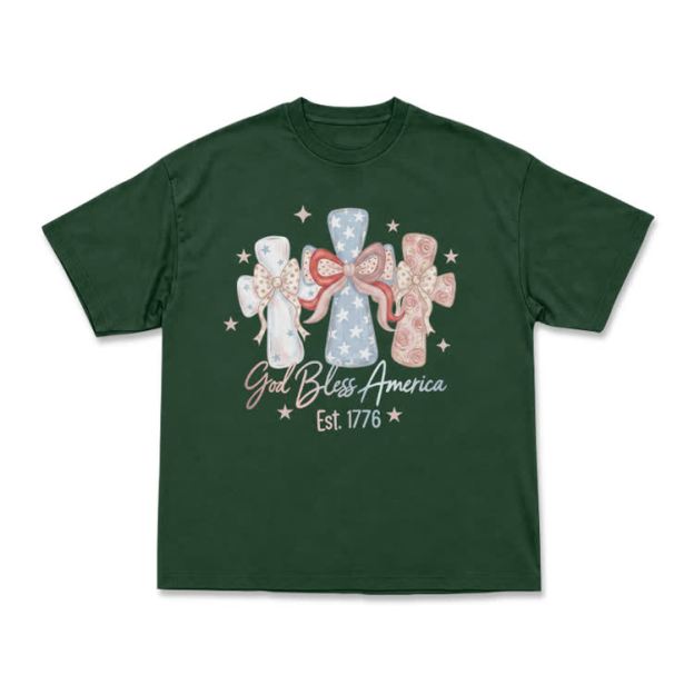 Patriotic Bow Graphic God Bless America T-Shirt - Green - US16-18(2XL) - image 9