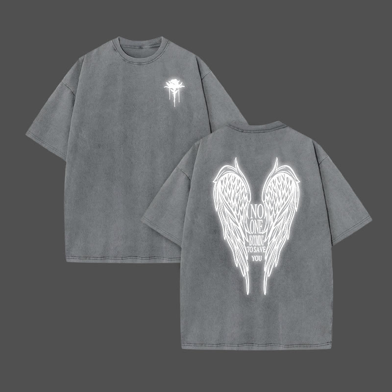 No One Is Coming To Save You Reflective Print Acid Washed T-shirt - Grey - US20-22(3XL) - image 4