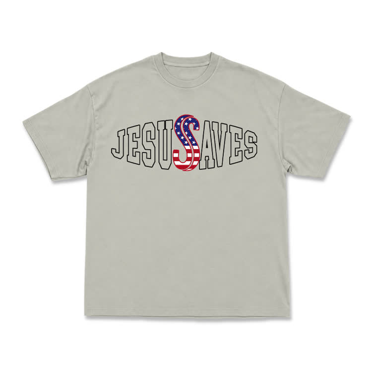 Classic Jesus Saves Flag Print T-Shirt - Warm Grey - US16-18(2XL) - image 3
