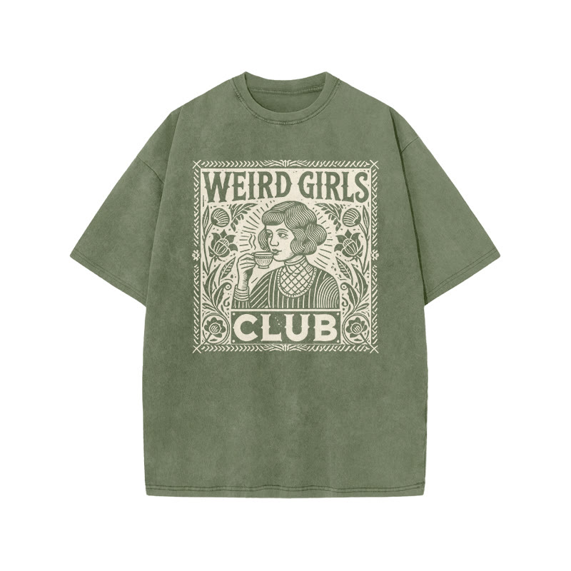 Weird Girls Club Print Acid Washed T-shirt - Army Green - US20-22(3XL) - image 4