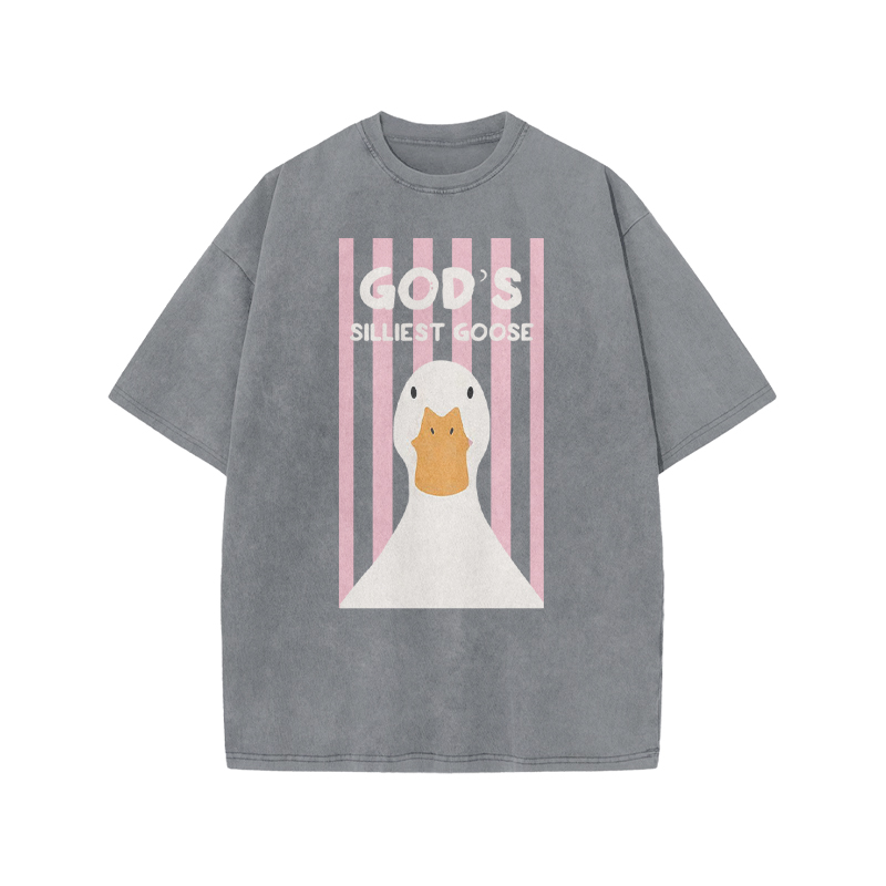 God's Silliest Goose Print Acid Washed T-shirt - Grey - US20-22(3XL) - image 4